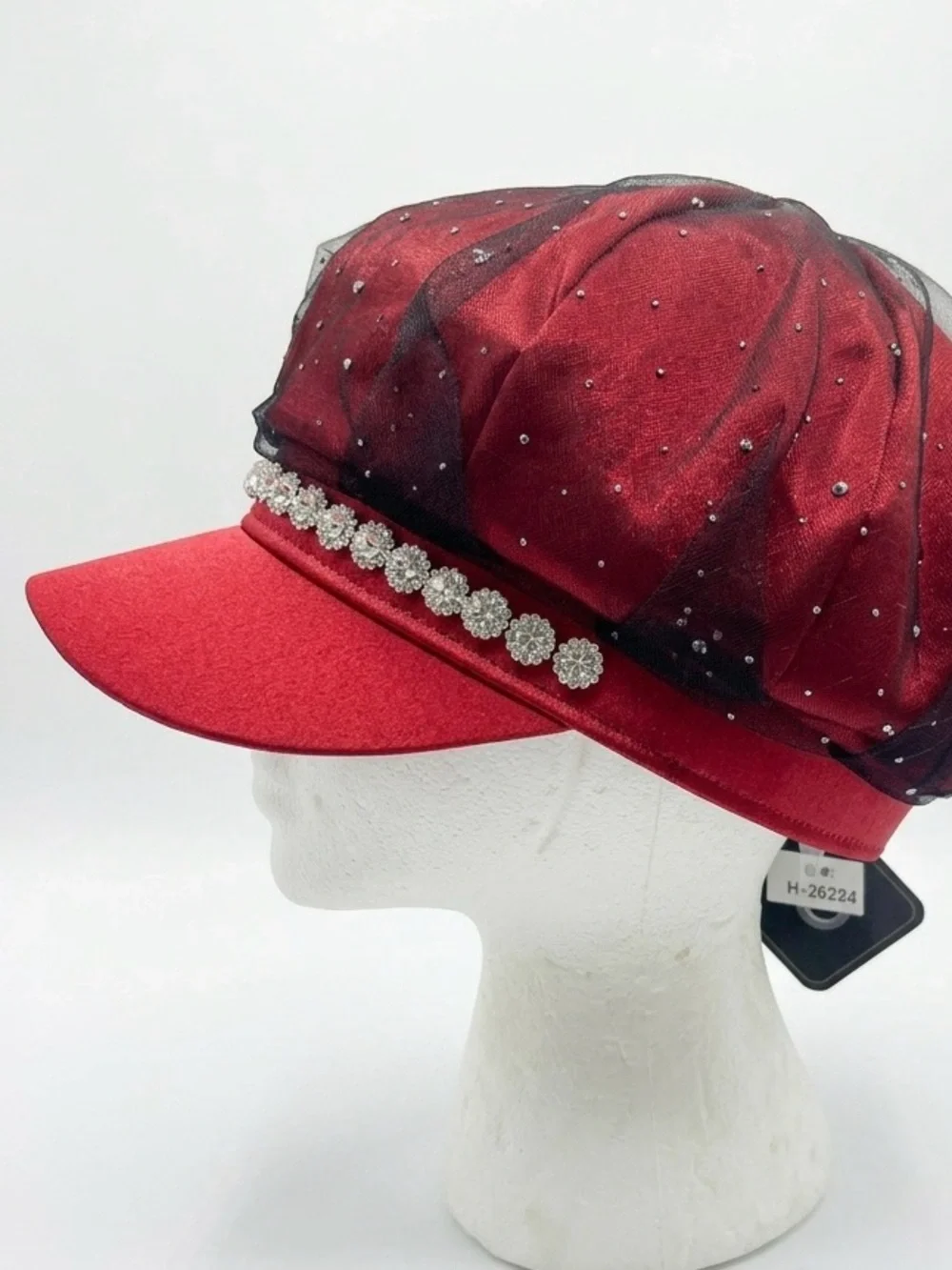 Red Rhinestone-Trim Women's Newsboy Cap